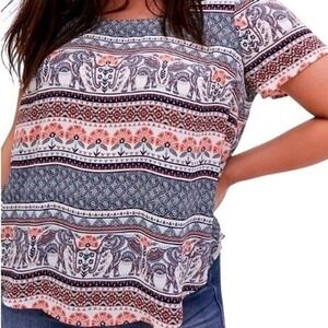 Torrid Plus 3X Boho Elephant Tribal Aztec Festival Button Back Festival Blouse